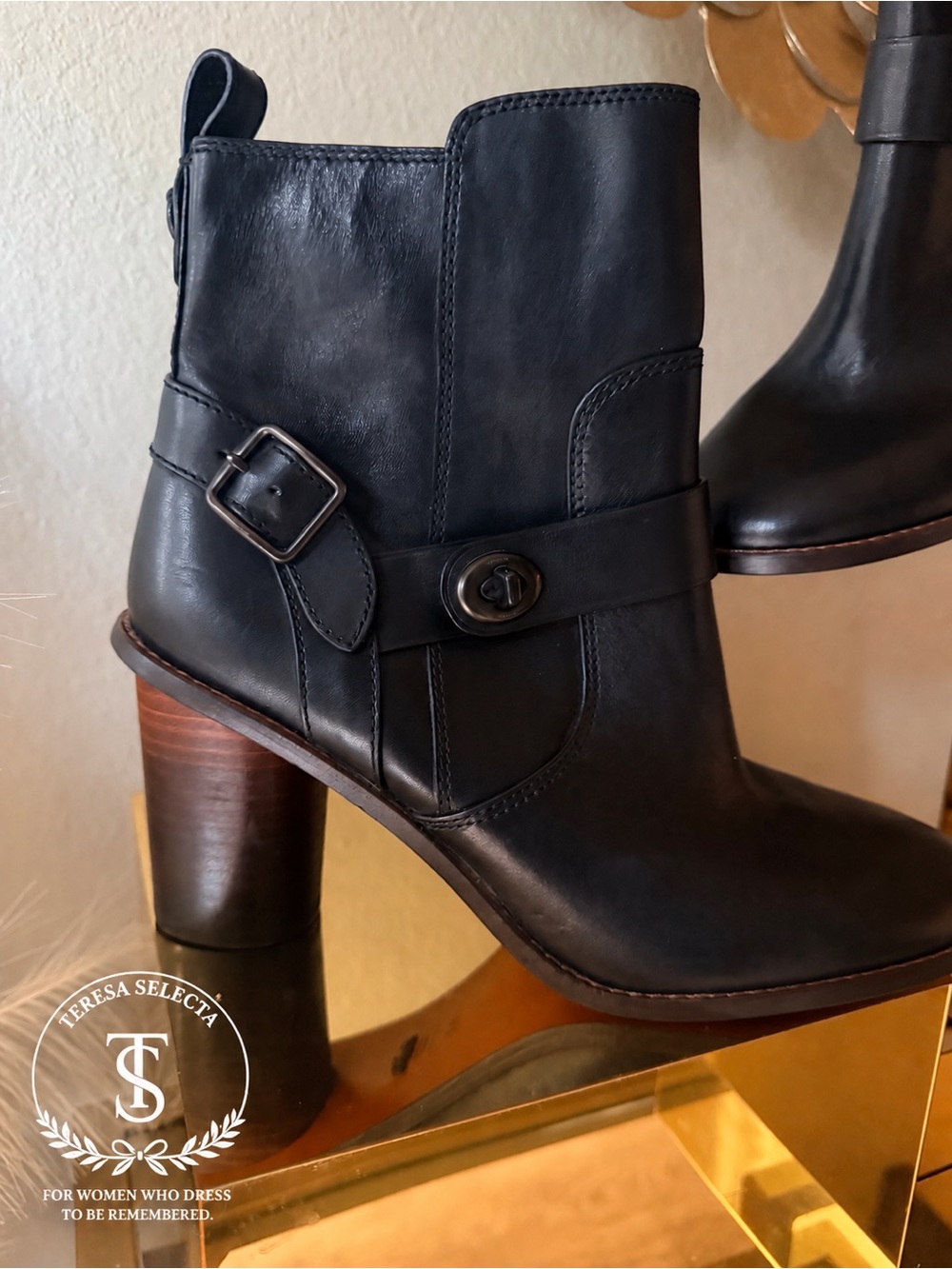 Never Worn Coach Black Leather Moto Ankle Boots Block Heel Size 8.5